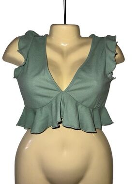 SHEIN Sage Green Ruffle Peplum V-Neck Crop Top